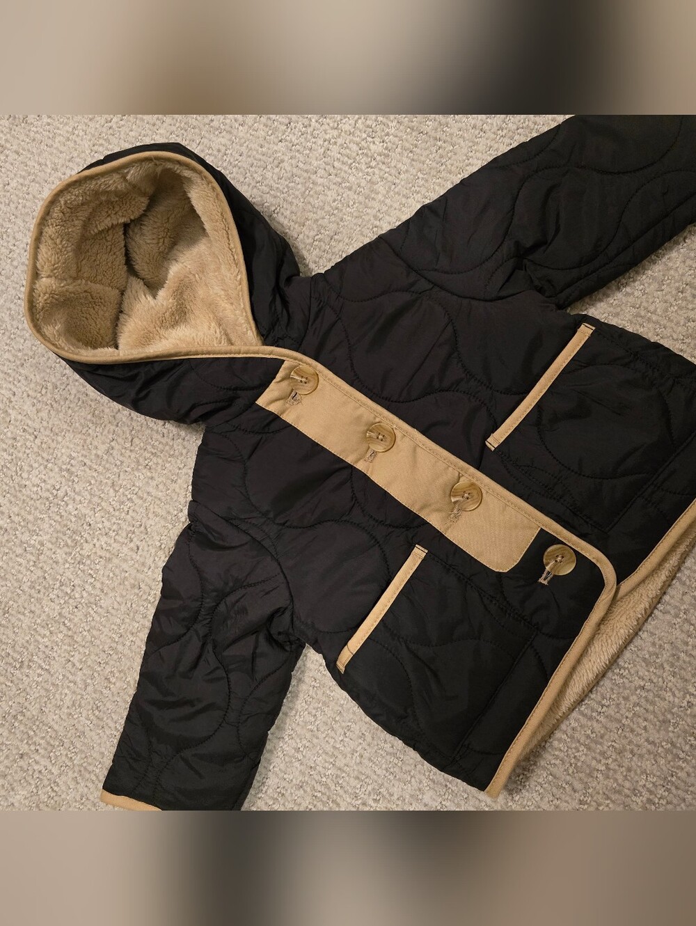 ZARA Kids Black Jacket with Tan Trim and Sherpa Hood